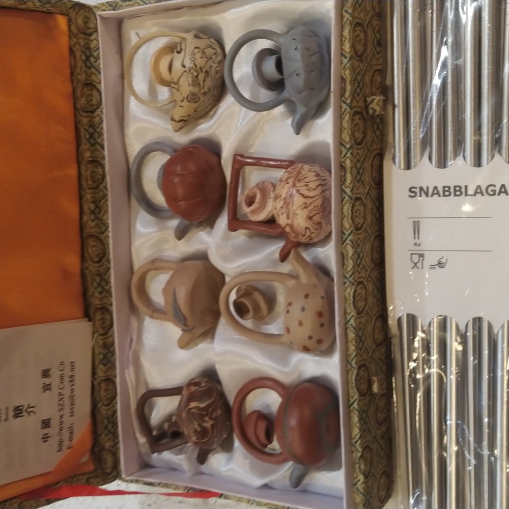 NEW Set Chinese Ceramic Miniature Teapots w/ Metal Chinese Chopsticks from IKEA